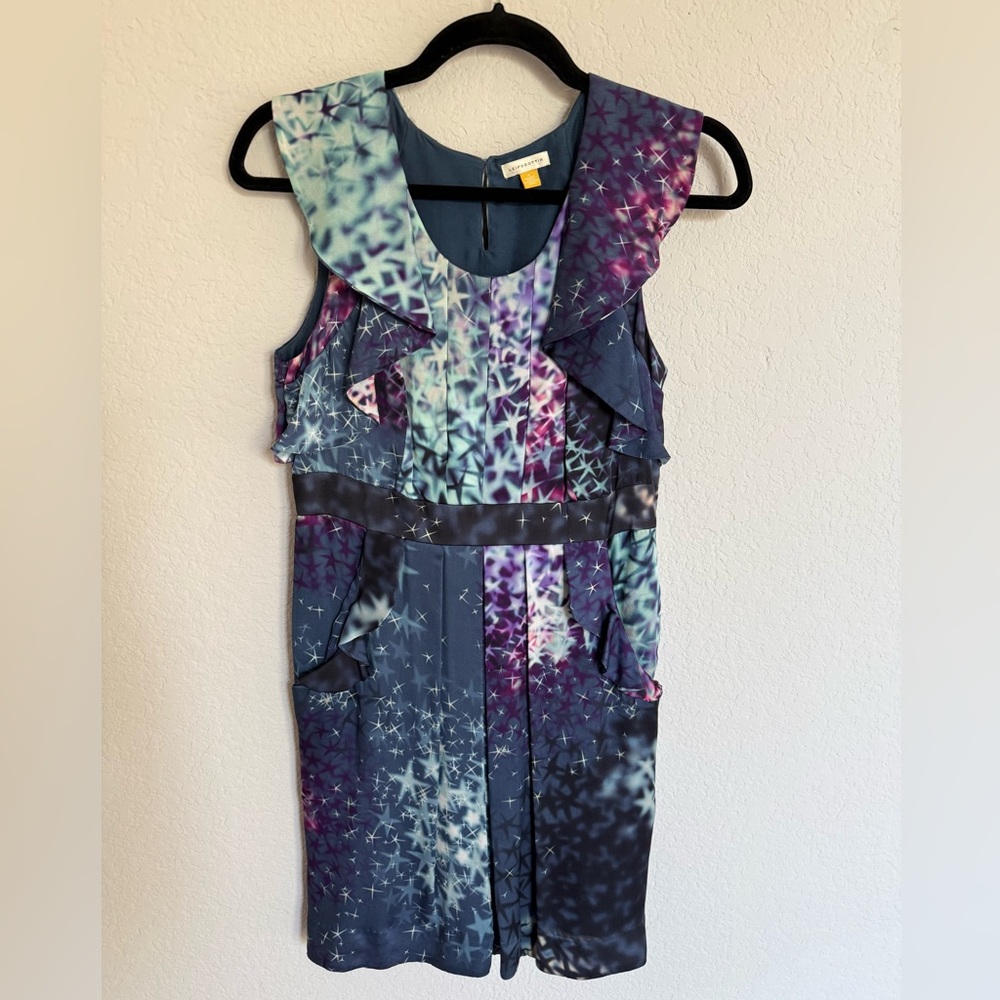Leifsdottir Anthropologie Galaxy Silk Ruffle Dress 4 Navy Teal
